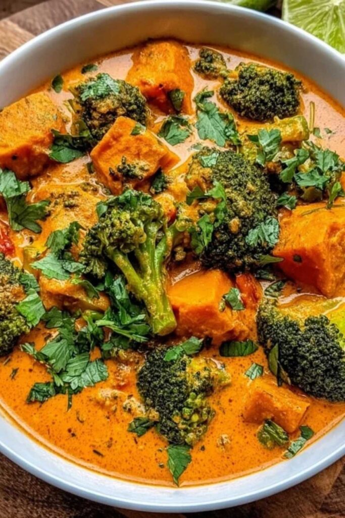 Süßkartoffel Brokkoli-Curry köchelt in großem Topf mit goldener Kokosmilch-Sauce