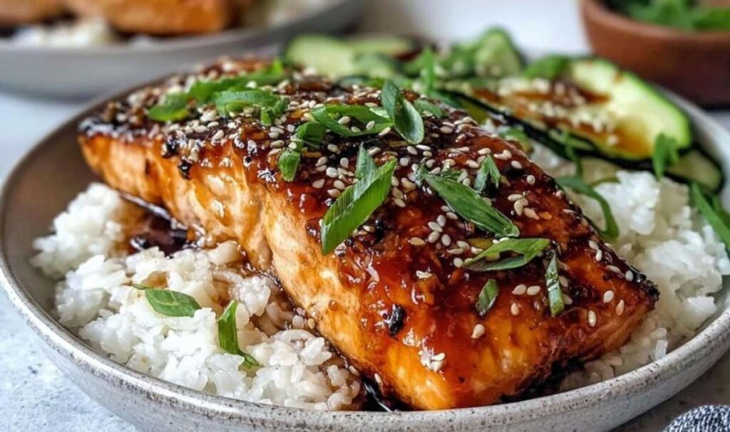 Teriyaki-glasierter Lachs mit glänzender Karamellkruste serviert mit Reis und Gemüse