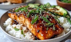 Teriyaki-glasierter Lachs mit glänzender Karamellkruste serviert mit Reis und Gemüse
