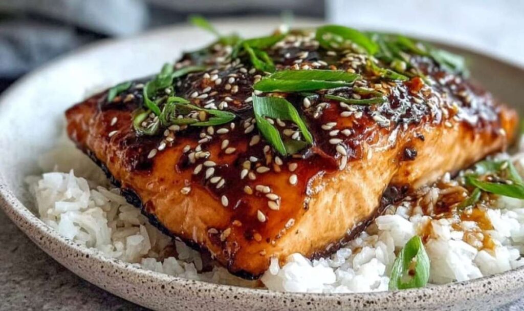 Teriyaki-glasierter Lachs mit glänzender Karamellkruste serviert mit Reis und Gemüse