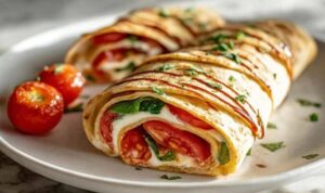 Tomaten Mozzarella Wraps Tomaten Mozzarella Wraps gefüllt mit frischem Salat Basilikum und Balsamico Creme auf weißem Teller