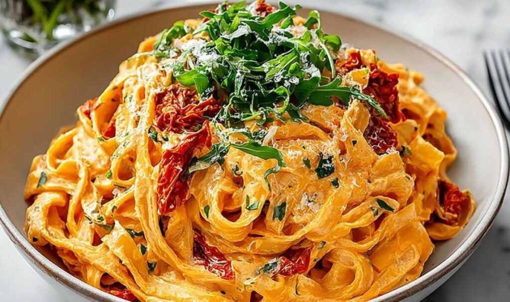 Cremige vegane Pasta mit getrockneten Tomaten in weißer Schüssel garniert mit frischem Basilikum