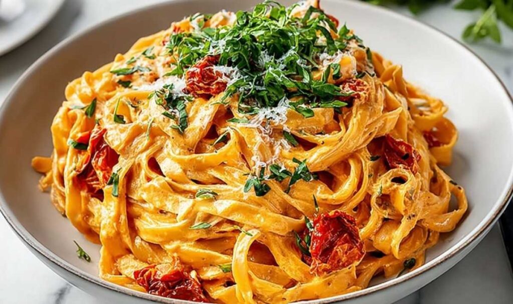 Cremige vegane Pasta mit getrockneten Tomaten in weißer Schüssel garniert mit frischem Basilikum