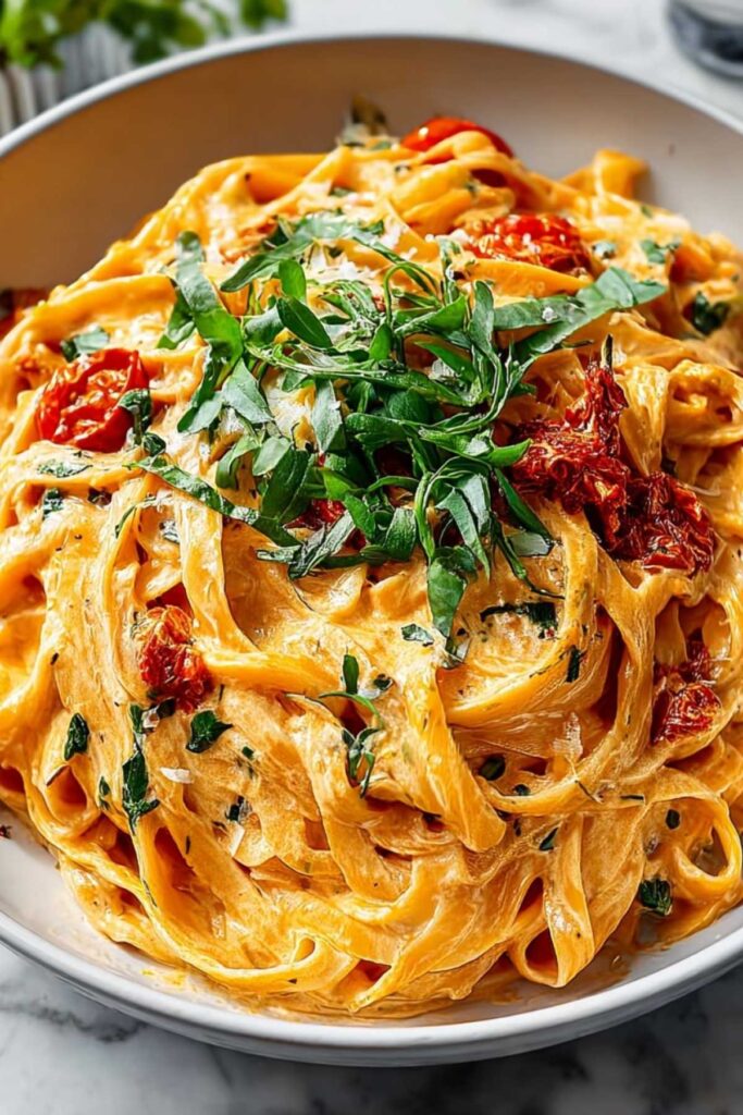 Nahaufnahme von cremiger veganer Pasta mit getrockneten Tomaten zeigt die seidige Sauce