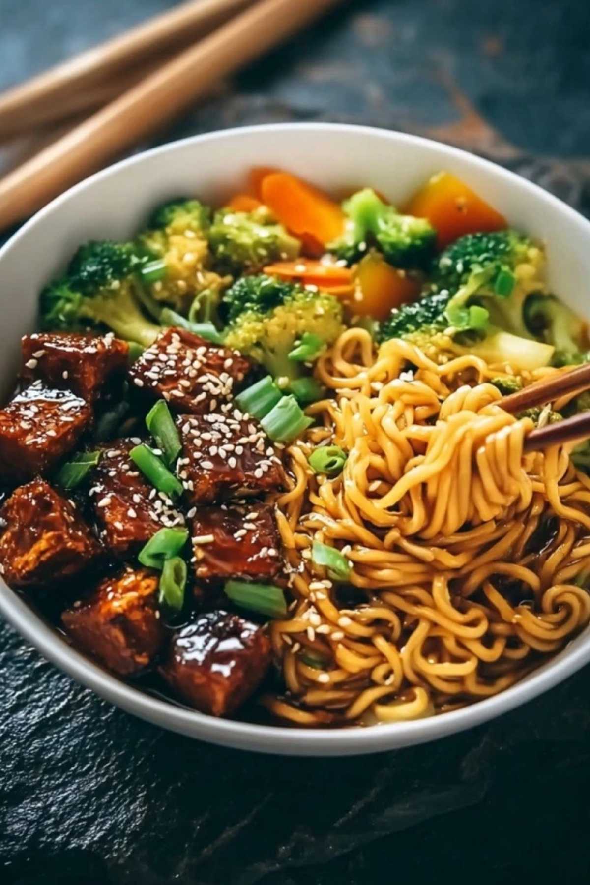 Nahaufnahme von veganem Teriyaki Noodle Bowl mit Stäbchen zeigt die glänzende Sauce und perfekt gekochte Nudeln