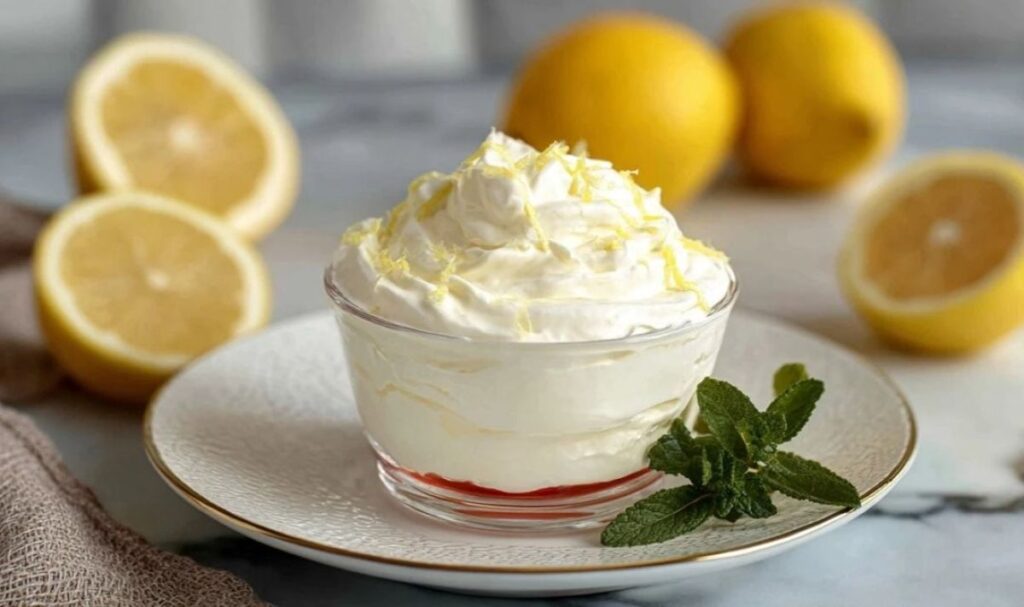 Zitronen Mascarpone Creme serviert in eleganten Gläsern mit frischen Beeren garniert