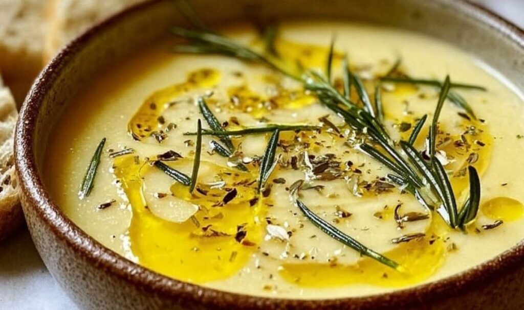 Zitronen-Rosmarin-Weißbohnensuppe in weißer Schale mit frischem Rosmarin garniert