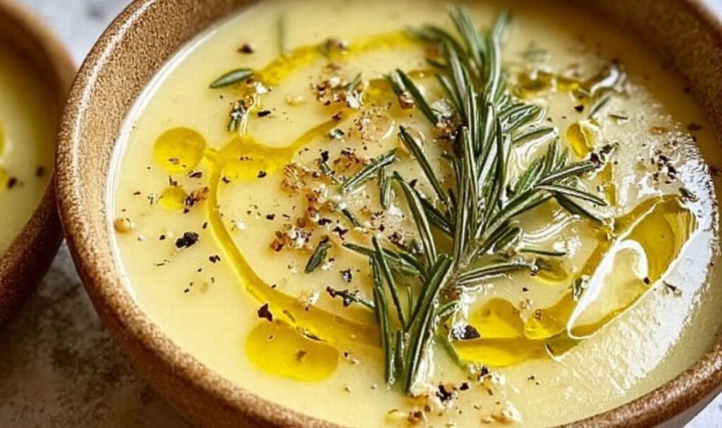 Zitronen-Rosmarin-Weißbohnensuppe in weißer Schale mit frischem Rosmarin garniert