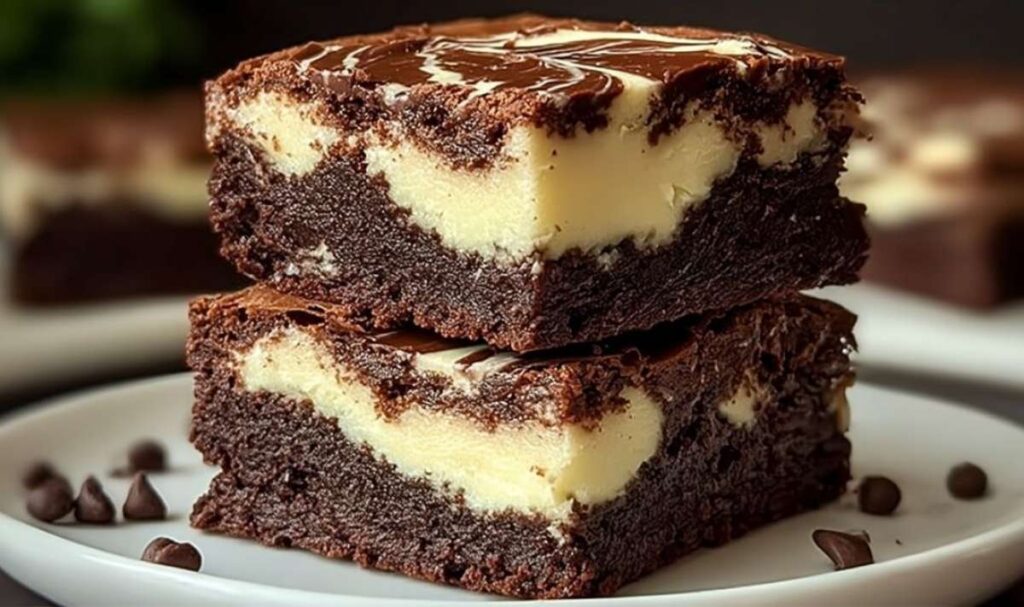 Frischkäse Brownies in quadratischer Backform mit cremigem Marmoreffekt aus Frischkäse und Schokolade