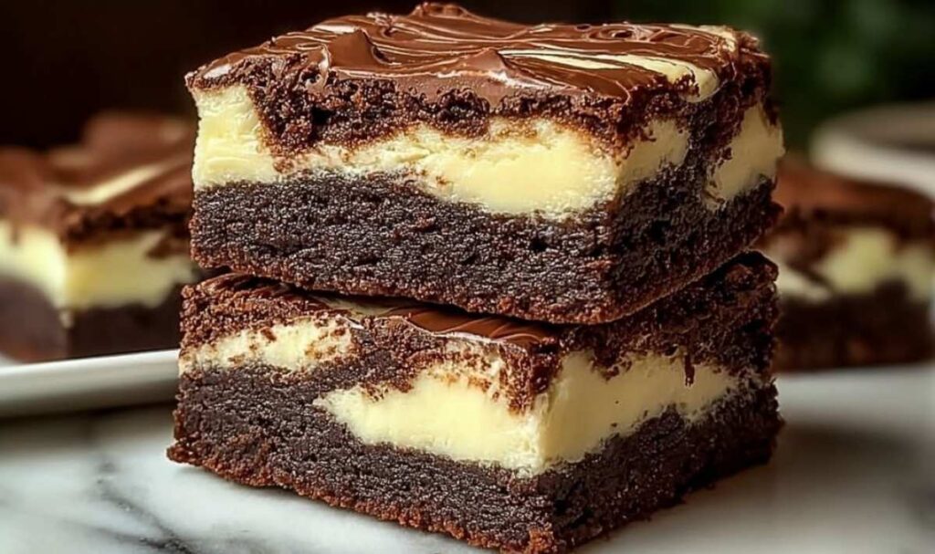 Frischkäse Brownies in quadratischer Backform mit cremigem Marmoreffekt aus Frischkäse und Schokolade
