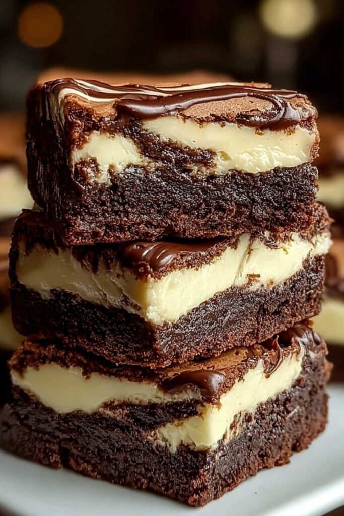 Aufgeschnittene Frischkäse Brownies auf Holzbrett mit sichtbarer cremiger Frischkäse-Schicht