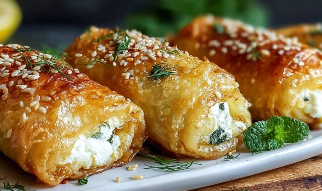 Knusprige Ofen-Feta-Röllchen goldbraun gebacken auf Holzbrett mit Zitronenspalten