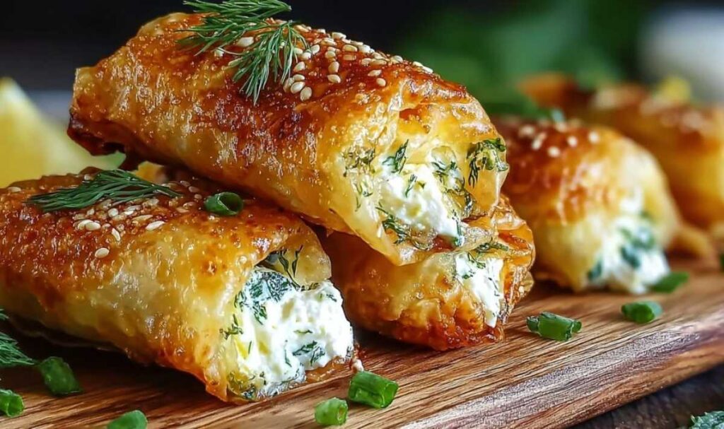 Knusprige Ofen-Feta-Röllchen goldbraun gebacken auf Holzbrett mit Zitronenspalten