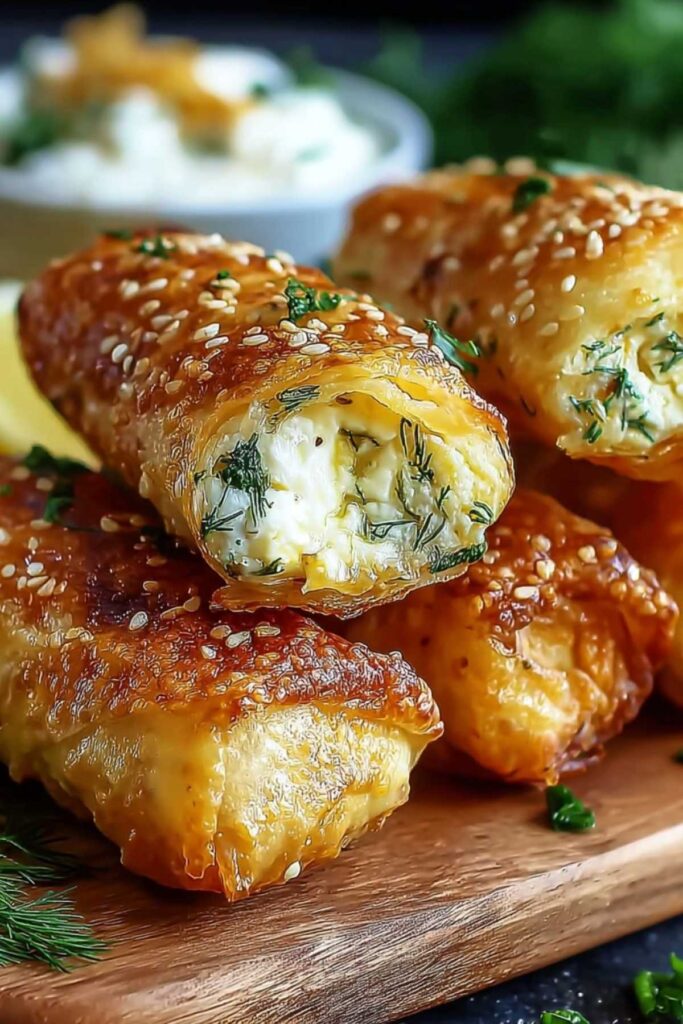 Knusprige Feta-Röllchen aufgeschnitten mit cremiger Kräuter-Feta-Füllung sichtbar