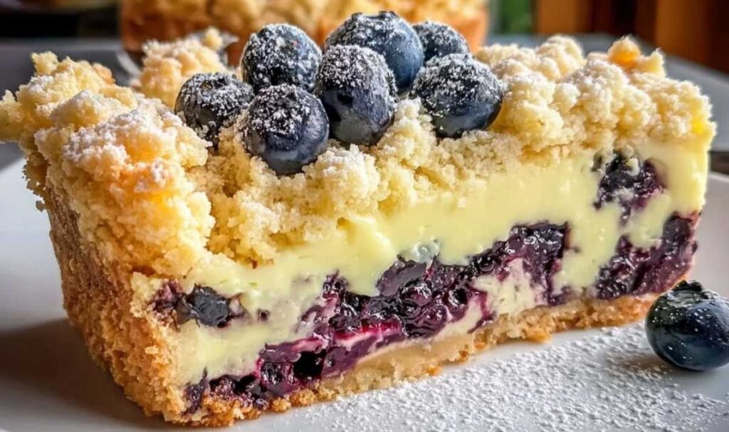 Angeschnittener Blaubeerkuchen mit Pudding und Streusel zeigt cremige Füllung und Beeren