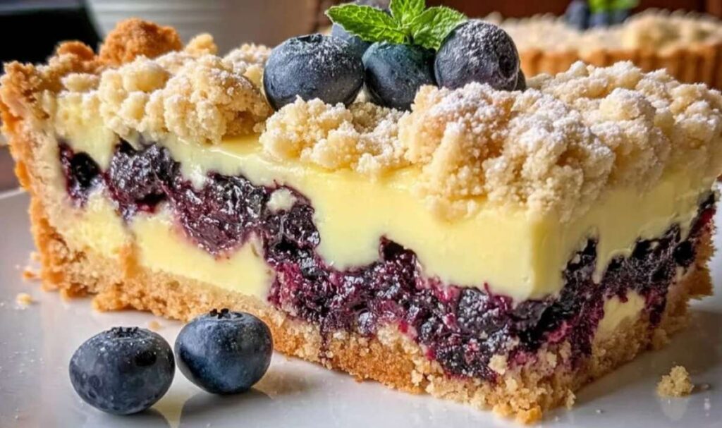 Blaubeerkuchen mit Pudding und Streusel auf einer Tarteform mit goldbraunen Streuseln
