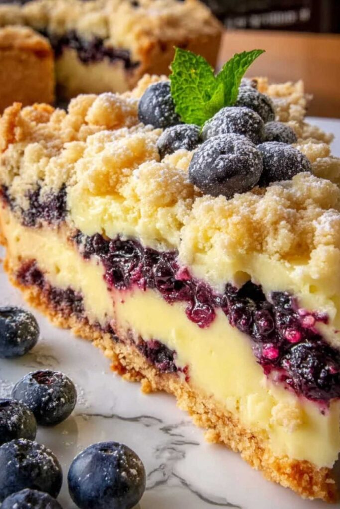 Blaubeerkuchen mit Pudding und Streusel auf einer Tarteform mit goldbraunen Streuseln