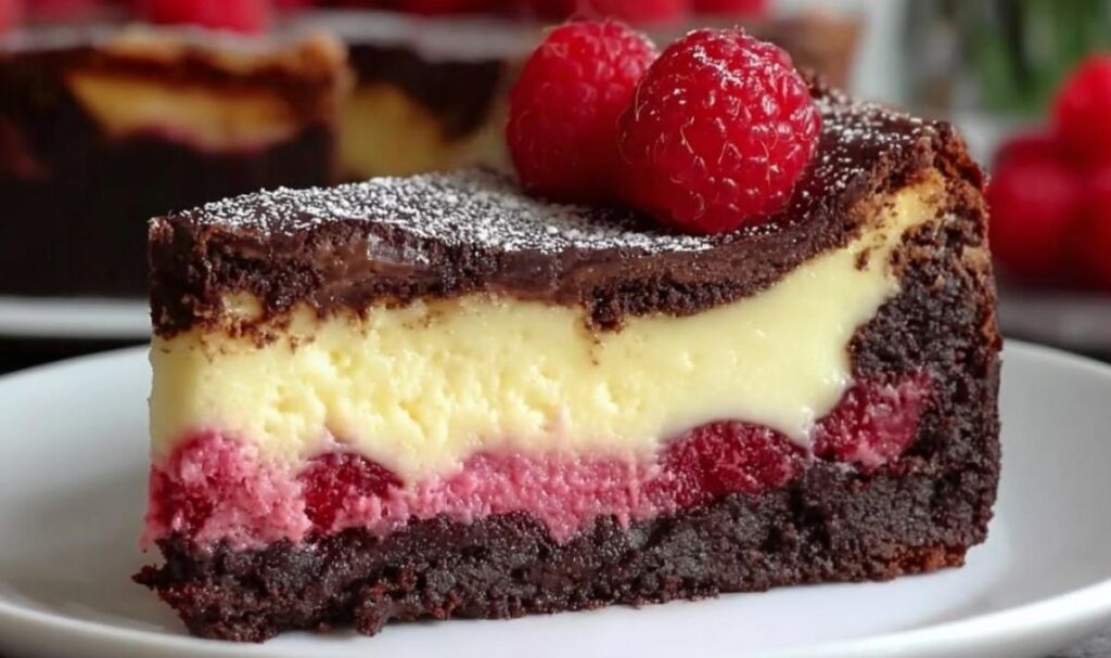 Himbeer-Brownie-Cheesecake Anschnitt mit cremiger Frischkäseschicht und Himbeeren auf Schokoladenboden