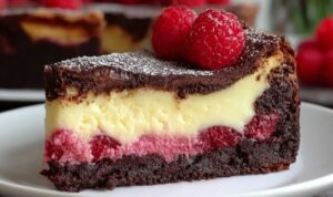 Himbeer-Brownie-Cheesecake Anschnitt mit cremiger Frischkäseschicht und Himbeeren auf Schokoladenboden