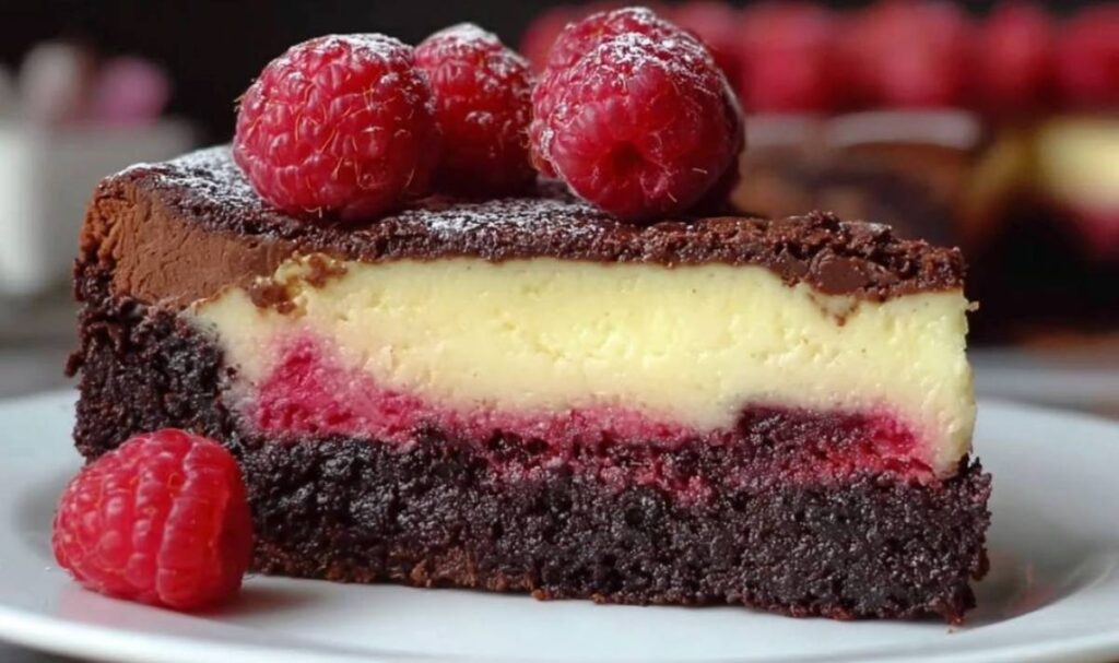 Himbeer-Brownie-Cheesecake Anschnitt mit cremiger Frischkäseschicht und Himbeeren auf Schokoladenboden