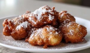 Goldbraune Airfryer Apfelkrapfen mit Zimt und Zucker bestreut auf einem weißen Teller