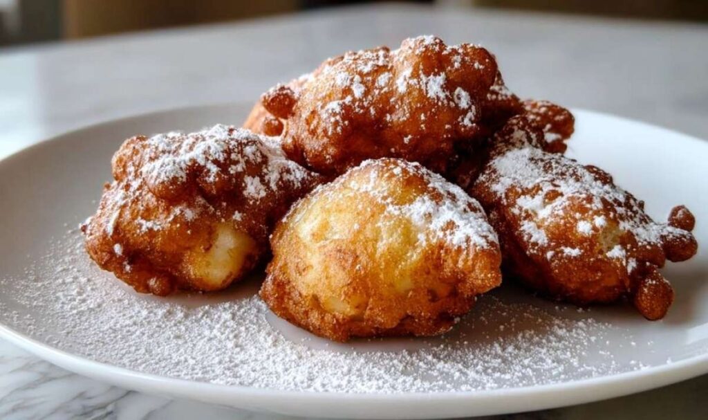 Goldbraune Airfryer Apfelkrapfen mit Zimt und Zucker bestreut auf einem weißen Teller