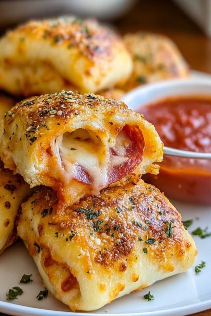 Airfryer Pizzabrötchen mit einem Schälchen Marinara Dip daneben
