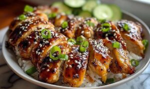 Saftiges Airfryer Teriyaki Hähnchen – Schnell & Gesund Goldbraun gegartes Airfryer Teriyaki Hähnchen mit Sesam bestreut serviert mit Reis