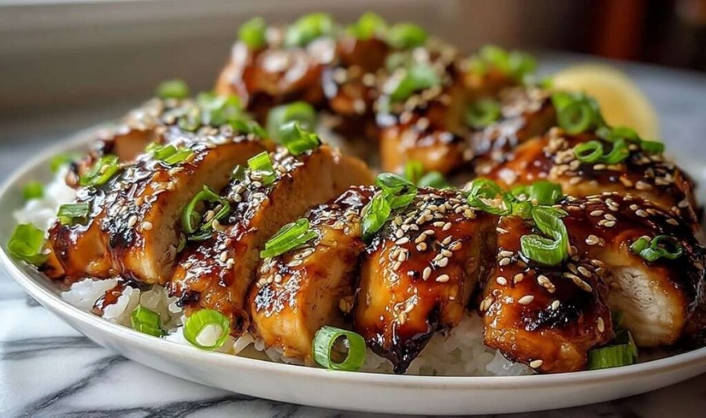 Goldbraun gegartes Airfryer Teriyaki Hähnchen mit Sesam bestreut serviert mit Reis