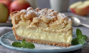Saftiger Apfel Pudding Kuchen in einer Springform mit goldbraunen Äpfeln