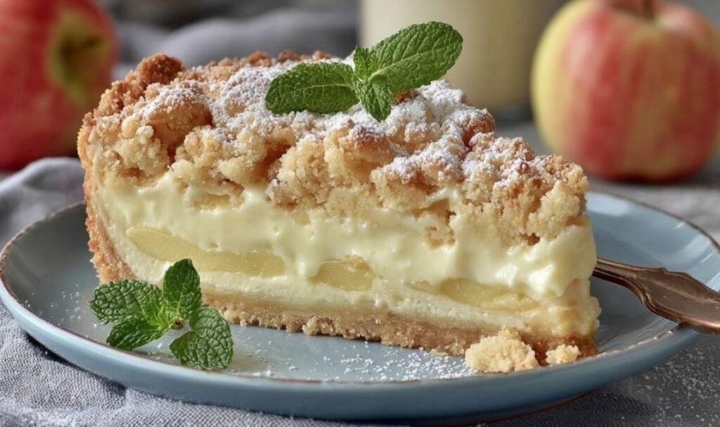 Saftiger Apfel Pudding Kuchen in einer Springform mit goldbraunen Äpfeln