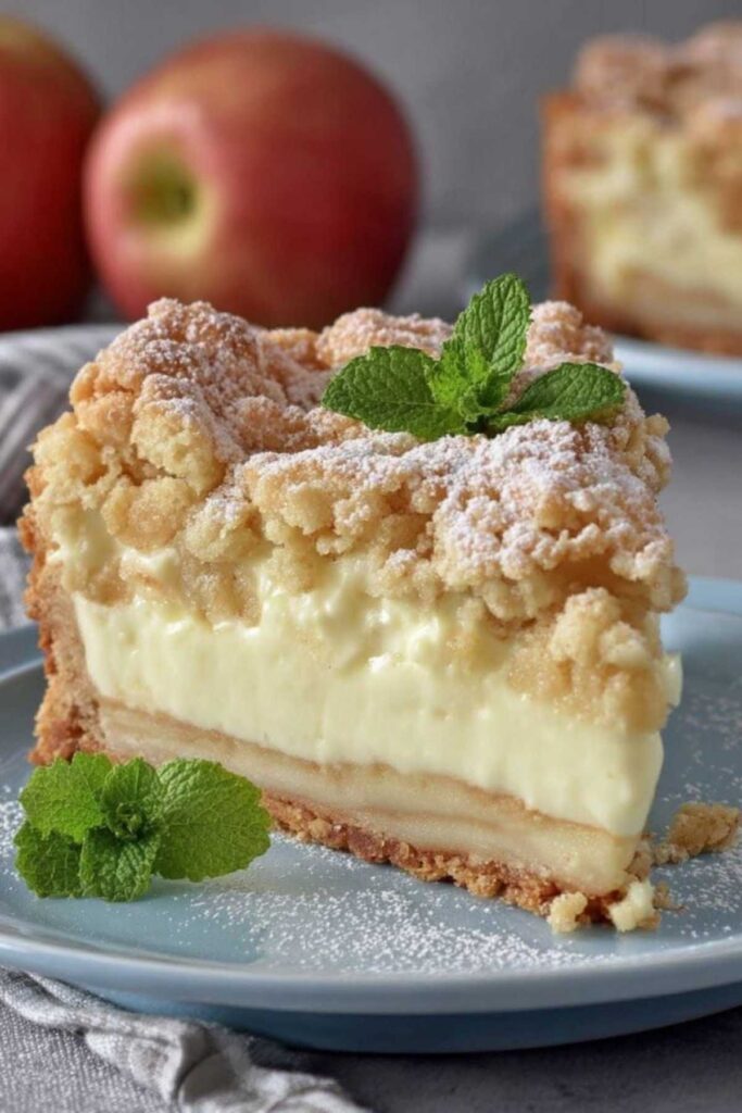 Ein Stück Apfel Pudding Kuchen auf einem Teller zeigt die cremige Puddingschicht