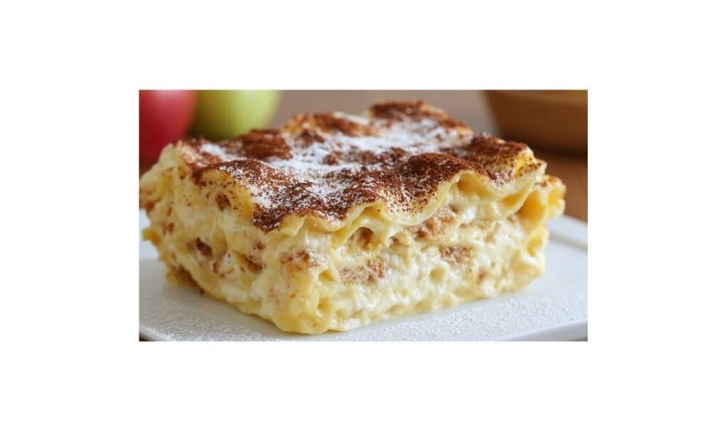 Goldbraune Apfellasagne frisch aus dem Ofen in einer weißen Auflaufform mit Zimtzucker-Kruste