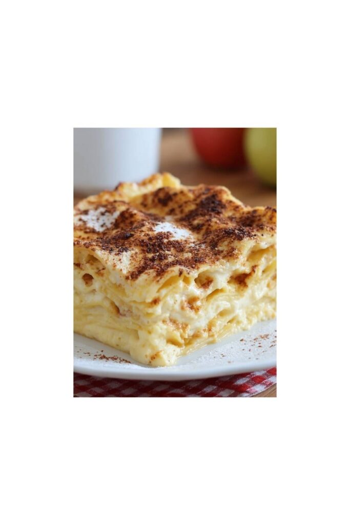 Goldbraune Apfellasagne frisch aus dem Ofen in einer weißen Auflaufform mit Zimtzucker-Kruste