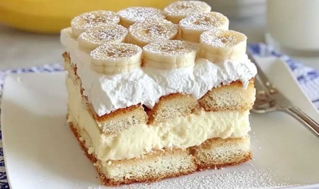 Bananen-Tiramisu in einer Auflaufform mit Bananenscheiben und Schlagsahne als Topping