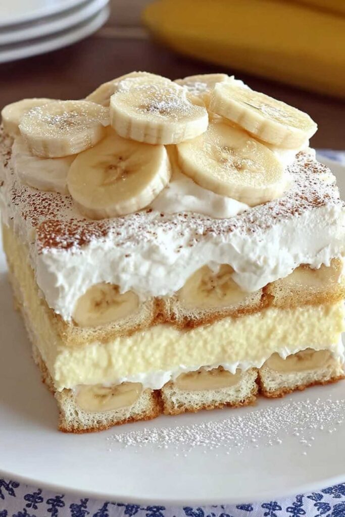 Einzelne Portion Bananen-Tiramisu auf einem Teller mit sichtbaren cremigen Schichten und Löffelbiskuits