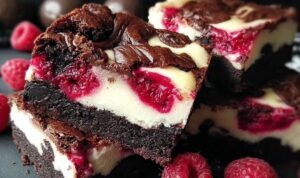 Frisch gebackene Brownies mit Cheesecake und Himbeeren in einer quadratischen Backform auf einem Kuchengitter
