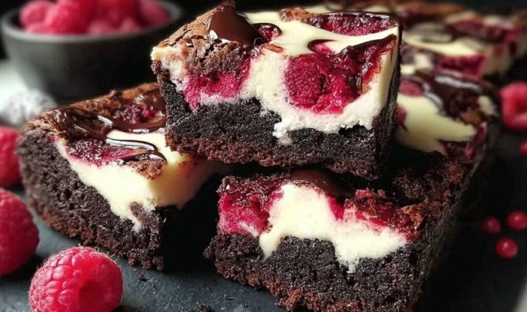 Frisch gebackene Brownies mit Cheesecake und Himbeeren in einer quadratischen Backform auf einem Kuchengitter