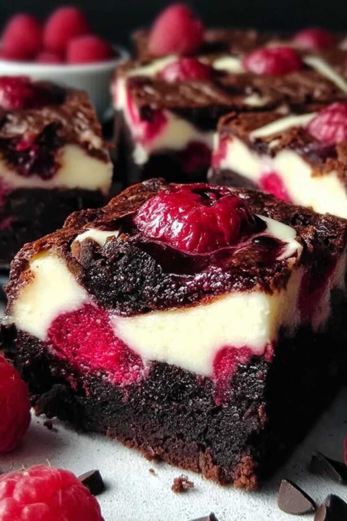 Ein aufgeschnittenes Stück Brownies mit Cheesecake und Himbeeren zeigt die Schichten und die Beeren