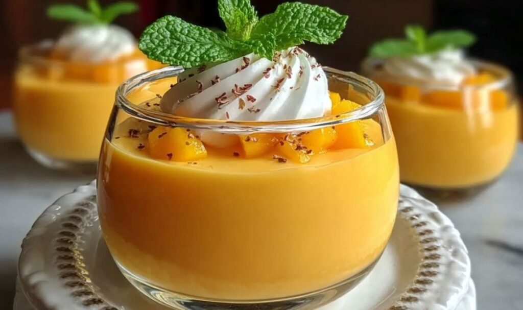 Cremige Mango-Mousse in einem Dessertglas garniert mit frischen Mangostücken und Minze