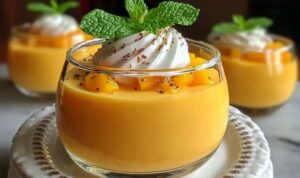 Cremige Mango-Mousse in einem Dessertglas garniert mit frischen Mangostücken und Minze