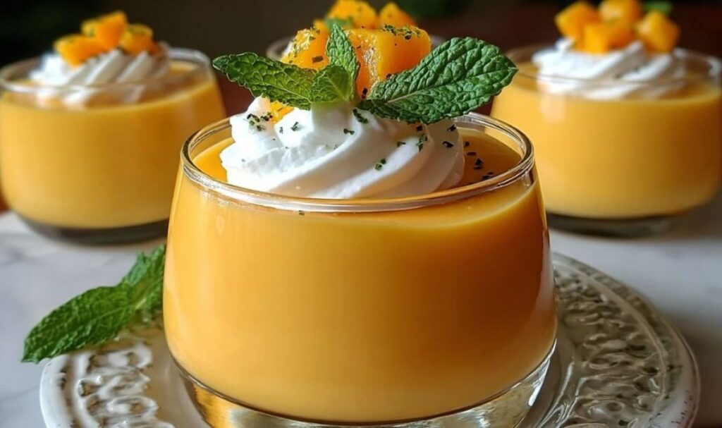 Cremige Mango-Mousse in einem Dessertglas garniert mit frischen Mangostücken und Minze