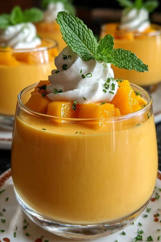 Zubereitung von cremiger Mango-Mousse mit frisch pürierter Mango und geschlagener Sahne