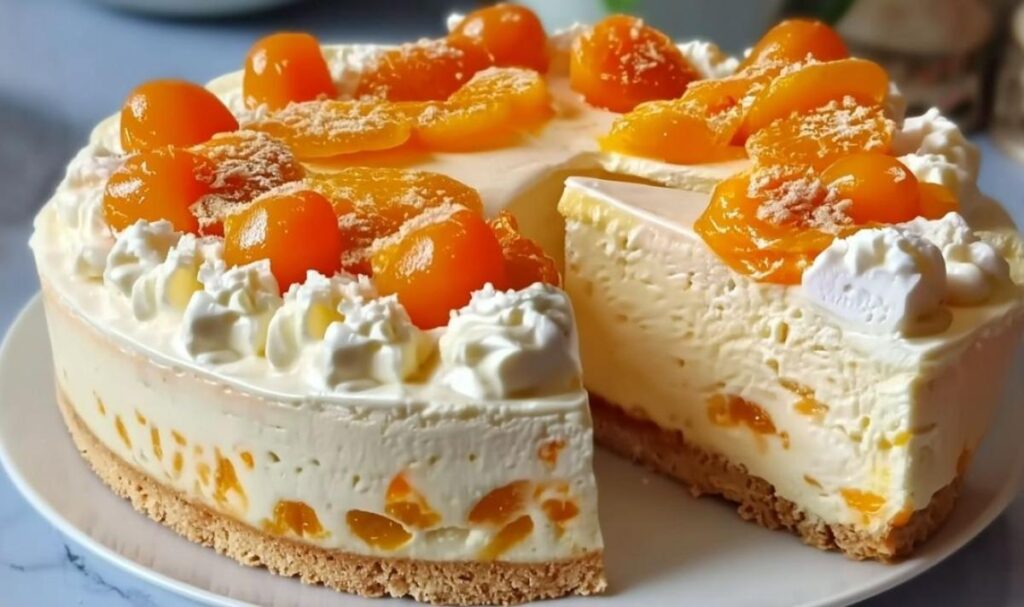 Angeschnittenes Stück Fantakuchen mit Paradiescreme und Mandarinen auf einem Teller