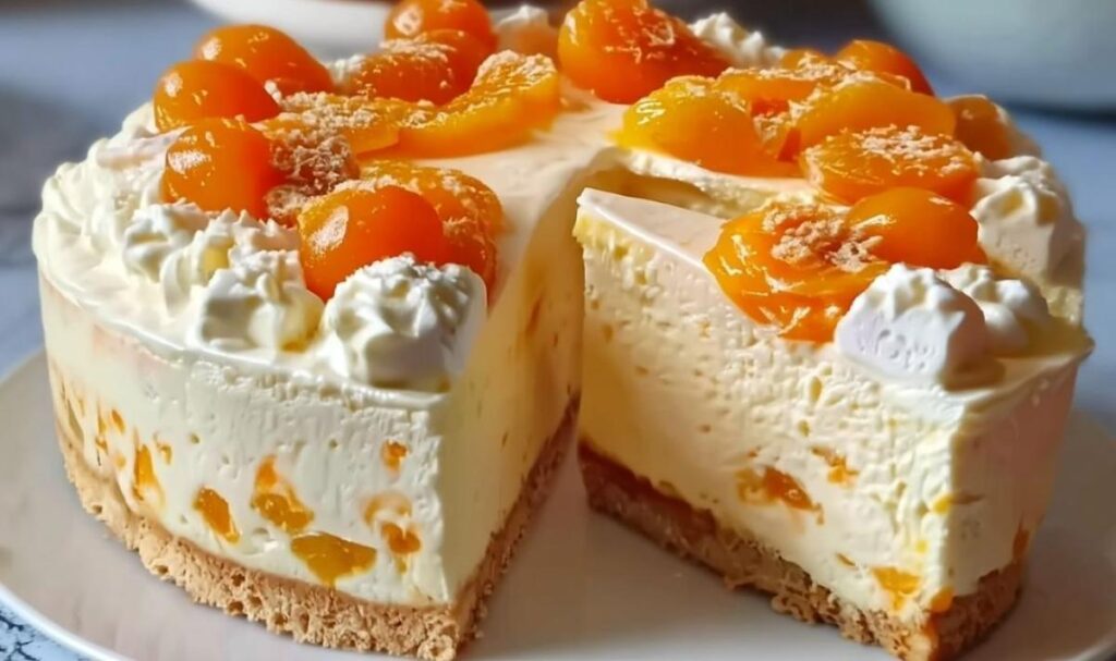Frisch gebackener Fantakuchen mit Paradiescreme und Mandarinen auf einem Kuchengitter