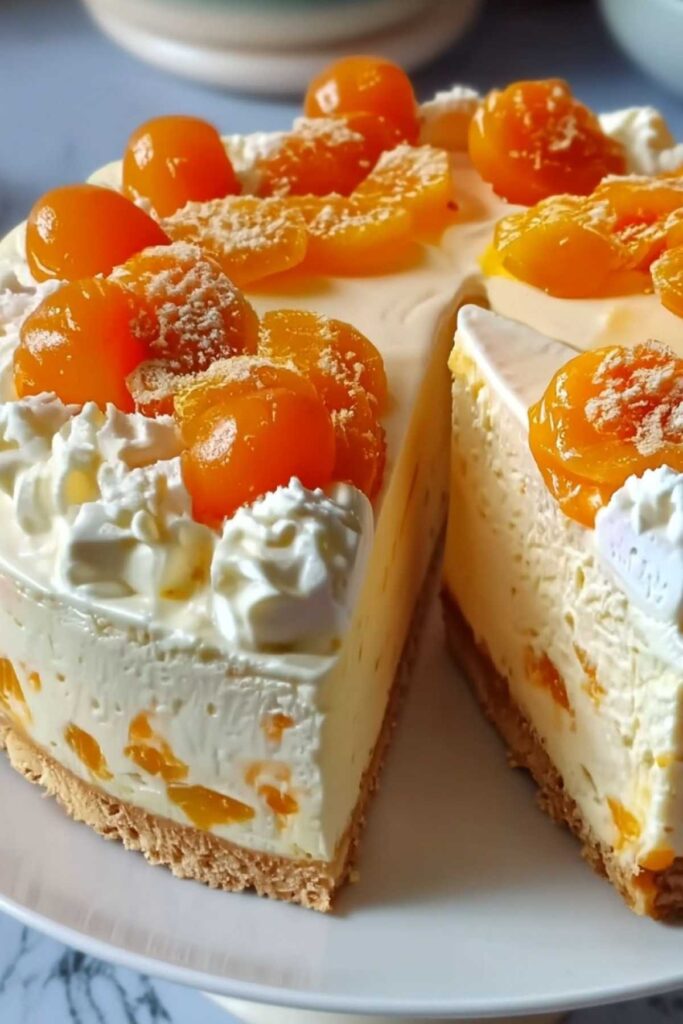 Frisch gebackener Fantakuchen mit Paradiescreme und Mandarinen auf einem Kuchengitter