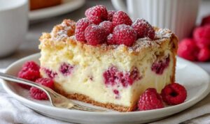 Himbeer-Käsekuchen-Streuselkuchen Ein frisch gebackener Himbeer-Käsekuchen-Streuselkuchen in der Springform mit goldbraunen Streuseln