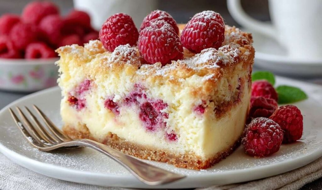 Ein frisch gebackener Himbeer-Käsekuchen-Streuselkuchen in der Springform mit goldbraunen Streuseln