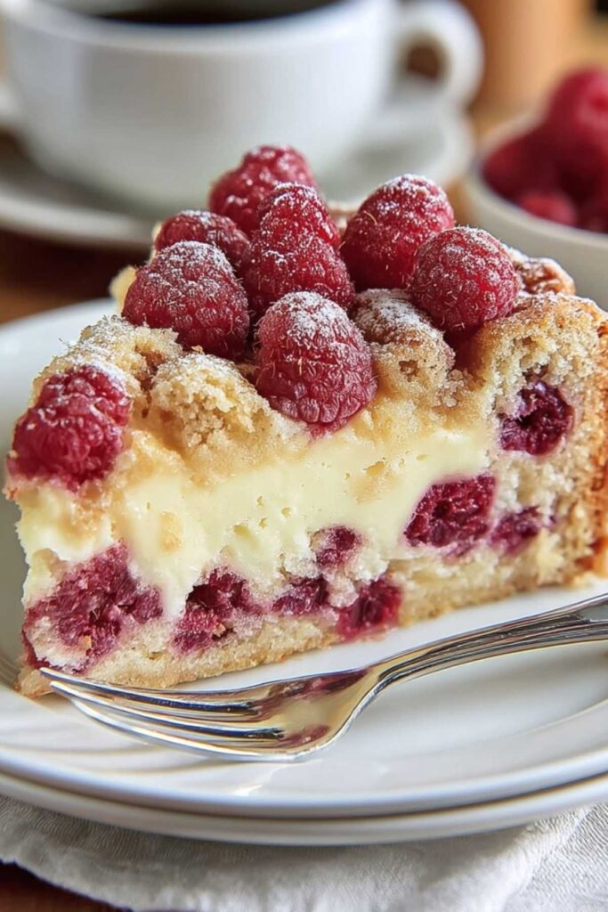 Ein angeschnittenes Stück Himbeer-Käsekuchen-Streuselkuchen zeigt die cremige Schicht und die roten Beeren
