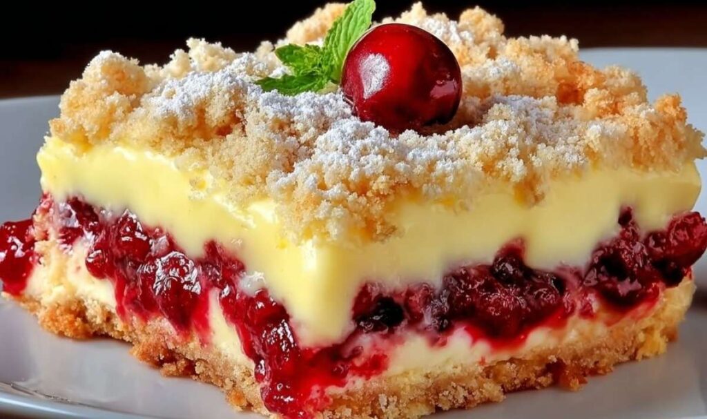 Kirschkuchen mit Streuseln und Vanillepudding in der Springform, goldbraun gebacken